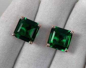 Emerald Studs, Emerald Bezel Studs, Green Gemstone Studs, Square Cut Earrings, Studs Earrings, 14k Gold Studs, Wedding Gift For Women