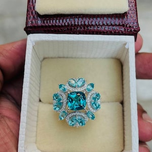 Vintage Paraiba Ring, Paraiba Turmalin Ring, Kissenschliff Paraiba Ring, 925 Sterling Silber, Cluster Ring, Verlobungsring, Ehering