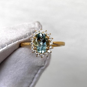 Aquamarine Dainty Engagement Ring, Aquamarine Halo Ring, 14k Gold Aquamarine Ring, Oval Cut Aquamarine Vintage Ring, Proposal Gift for Her