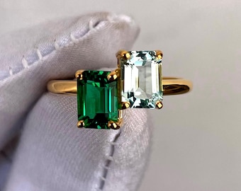Super Unique Two Stone Emerald and Aquamarine Ring.  Toi et Moi Ring. Superb Quality May & March Birthstone Ring. 14K Gold Bypass Ring