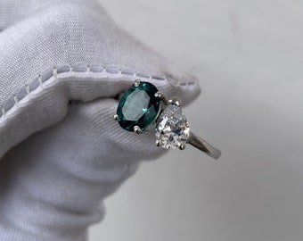 Teal Sapphire and Cubic Zirconia Ring, Two Stone Ring, Engagement Ring, 14k Gold Ring, You and Me Ring, Wedding Ring, Gift for Her