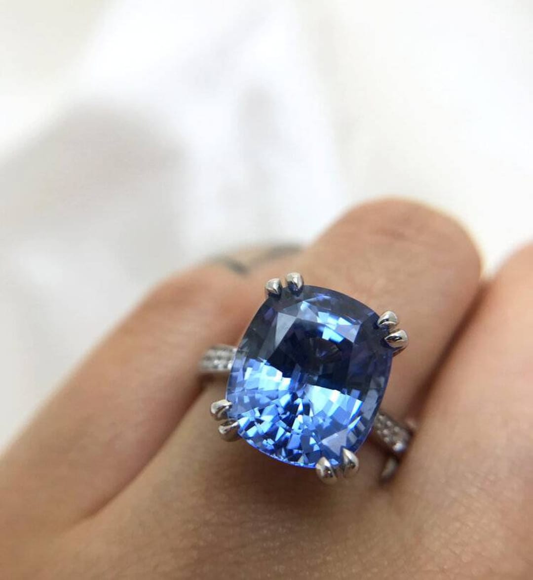 Blue Sapphire Engagement Ring, Cushion Cut Ring, Sapphire Pave Ring