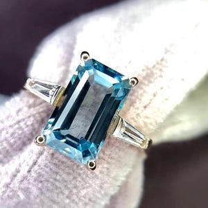Aquamarine Ring, Elongated Emerald Cut Ring, 925 Sterling Silver, Engagement Ring, Vintage Ring, Unique Ring, Promise Ring, Statement Ring image 1