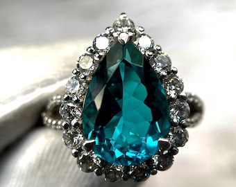 Victorian Paraiba Tourmaline Ring, Neon Blue Paraiba Halo Ring, Pear Cut Paraiba Engagement Ring, Paraiba Wedding Ring gift For Her
