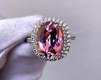 Anillo de turmalina rosa de lujo, anillo de turmalina rosa de talla cojín, plata de ley 925, anillo de doble halo, anillo de bodas, anillo de compromiso