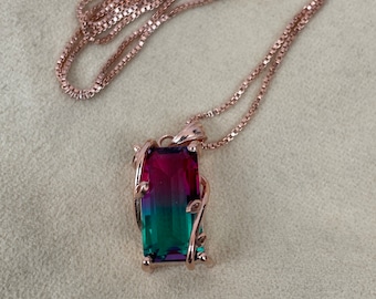 Collar de turmalina bicolor, colgante de turmalina, collar de corte alargado, joyería de turmalina, plata de ley 925, collar de boda