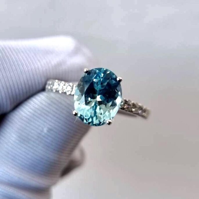 Aquamarine Ring, Oval Cut Aquamarine Ring, Pavé Ring, 925 Sterling Silver, Engagement Ring, Promise Ring, Wedding Ring, Gift for Her image 4
