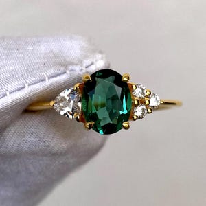 Vintage Teal Sapphire Wedding Ring, Oval Cut Teal Sapphire Engagement Ring, 14k Gold Teal Sapphire Ring, Teal Green Sapphire Ring For Her