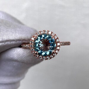Luxury Aquamarine Halo Ring, Round Cut  Aquamarine Engagement Ring, 14k Solid Gold, Statement Ring, Promise Ring, Wedding Ring, Gift for Her