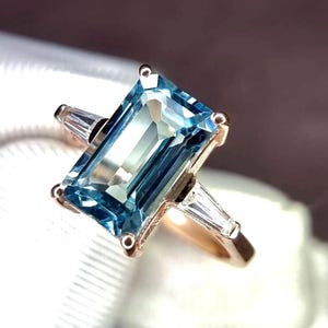 Aquamarine Ring, Elongated Emerald Cut Ring, 925 Sterling Silver, Engagement Ring, Vintage Ring, Unique Ring, Promise Ring, Statement Ring image 3