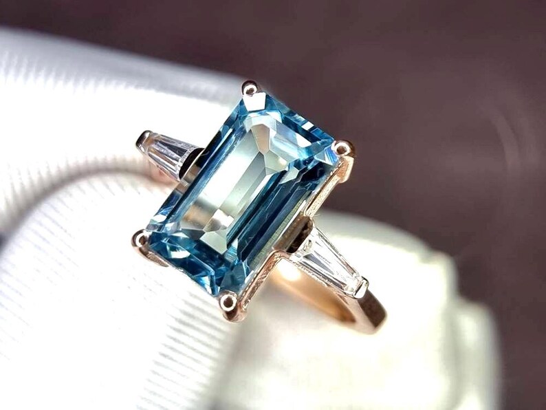 Aquamarine Ring, Elongated Emerald Cut Ring, 925 Sterling Silver, Engagement Ring, Vintage Ring, Unique Ring, Promise Ring, Statement Ring image 3