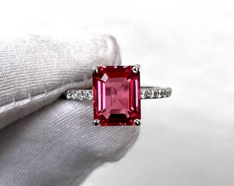 Vintage Pink Tourmaline Ring, Emerald Cut Tourmaline Ring, 925 Sterling Silver, Pavé Ring, Wedding Ring, Engagement Ring, Gift for her