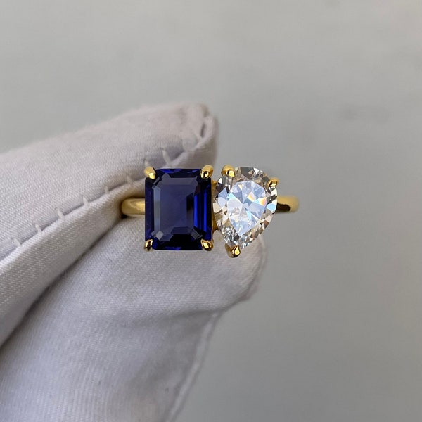 14k Solid Gold Sapphire Ring, Sapphire & Moissanite Ring, Toi Et Moi Ring, Engagement Ring, Wedding Ring, Bridal Ring