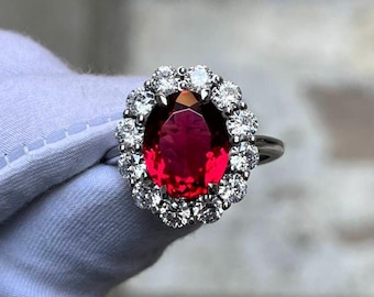 Vintage Garnet Ring, Spessartite Garnet Ring, 925 Sterling Silver, Oval Cut Ring, Halo Ring, Engagement Ring, Wedding Ring, Promise Ring