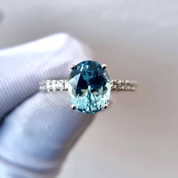 Aquamarine Ring, Oval Cut Aquamarine Ring, Pavé Ring, 925 Sterling Silver, Engagement Ring, Promise Ring, Wedding Ring, Gift for Her