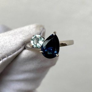 Blue Sapphire and Aquamarine Two Stone Ring, Pear Cut Engagement Ring, 14k Gold Ring, Wedding Ring, Bridal Ring, Gift for Her