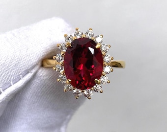Hermoso anillo de rubí, anillo vintage de rubí, anillo de corte ovalado, anillo con halo de rubí, plata de ley 925, anillo de compromiso, anillo llamativo, anillo de promesa