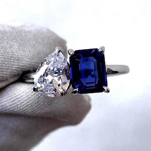 Sapphire & Moissanite Ring, Blue Sapphire Anniversary Ring, Toi Et Moi Ring, Wedding Ring, Couple Ring, Proposal Ring, 925 Sterling Silver