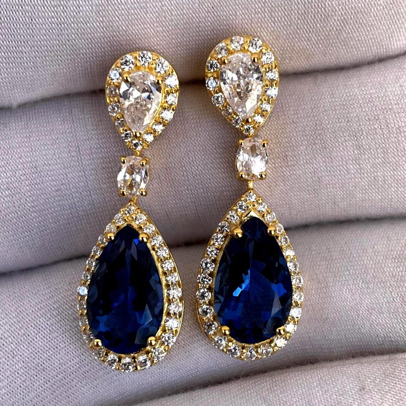 Luxury Blue Sapphire Earrings, Tear Drop Earrings, Vintage Pear Cut Halo Earrings, 14k Solid Gold, Wedding Earrings, Engagement Earrings image 1