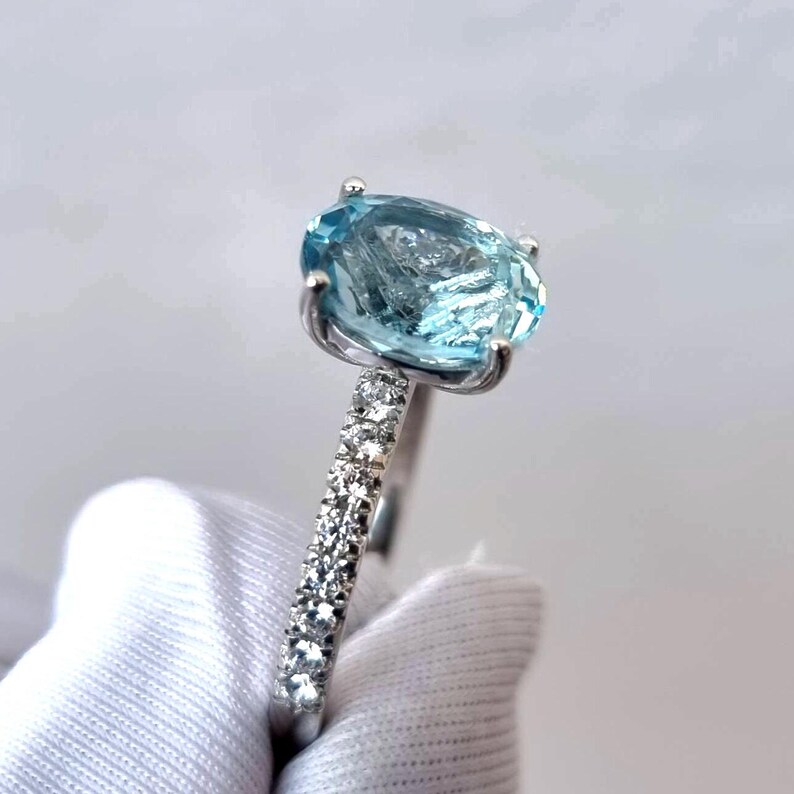 Aquamarine Ring, Oval Cut Aquamarine Ring, Pavé Ring, 925 Sterling Silver, Engagement Ring, Promise Ring, Wedding Ring, Gift for Her image 3