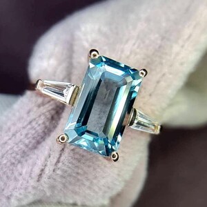 Aquamarine Ring, Elongated Emerald Cut Ring, 925 Sterling Silver, Engagement Ring, Vintage Ring, Unique Ring, Promise Ring, Statement Ring image 6
