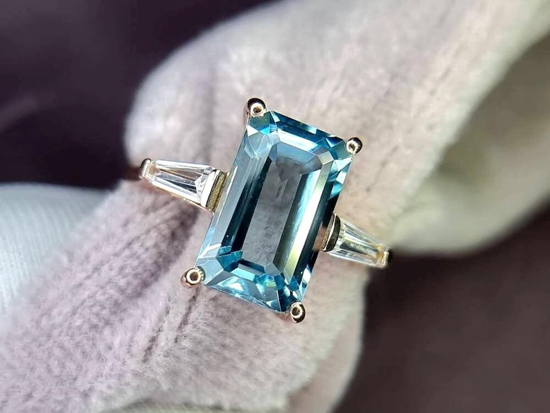 Aquamarine Ring, Elongated Emerald Cut Ring, 925 Sterling Silver, Engagement Ring, Vintage Ring, Unique Ring, Promise Ring, Statement Ring image 6