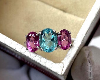 Aquamarine & Pink Sapphire Ring, Three Stone Ring, Oval Cut Ring, Vintage Aquamarine Ring, 925 Sterling Silver, Wedding Ring, Party Ring