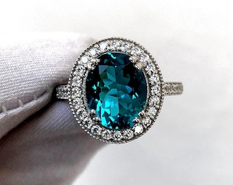 Oval Paraiba Tourmaline Ring, Neon Blue Tourmaline Engagement Ring, Halo Ring with Pave Band, 14k Gold Gemstone Ring