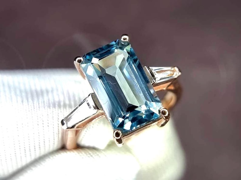 Aquamarine Ring, Elongated Emerald Cut Ring, 925 Sterling Silver, Engagement Ring, Vintage Ring, Unique Ring, Promise Ring, Statement Ring image 2