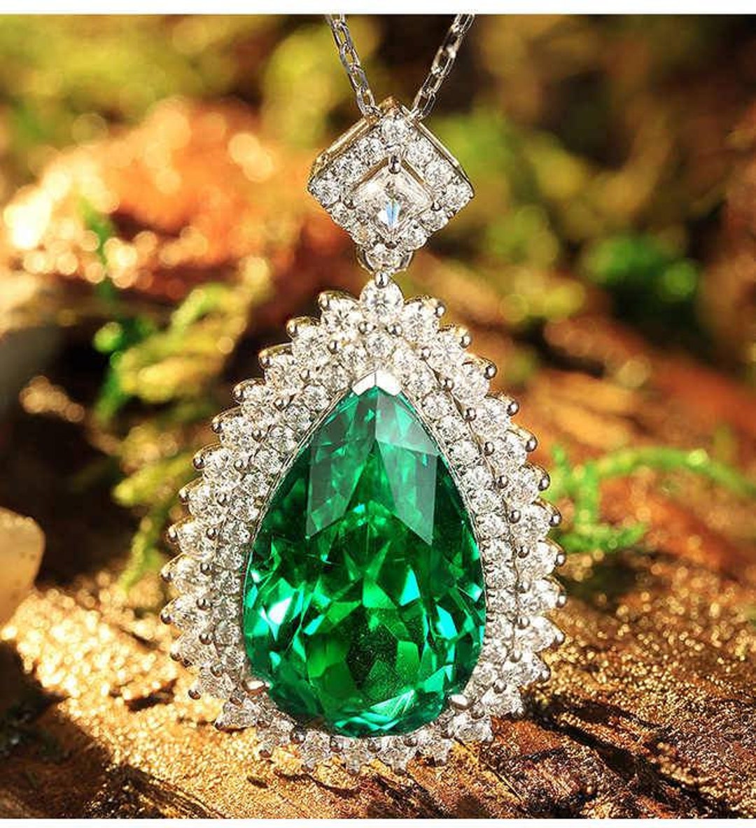 Luxury Emerald Pendant Pear Cut Emerald Necklace Double Halo Necklace 925 Sterling Silver Victorian Pendant Wedding Necklace Etsy Australia