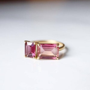 14k Gold Pink Tourmaline & Morganite Ring, Toi Et Moi Ring, Vintage Ring, 14k Solid Gold, Engagement Ring, Bridal Ring, Wedding Ring