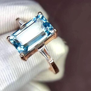 Aquamarine Ring, Elongated Emerald Cut Ring, 925 Sterling Silver, Engagement Ring, Vintage Ring, Unique Ring, Promise Ring, Statement Ring image 7