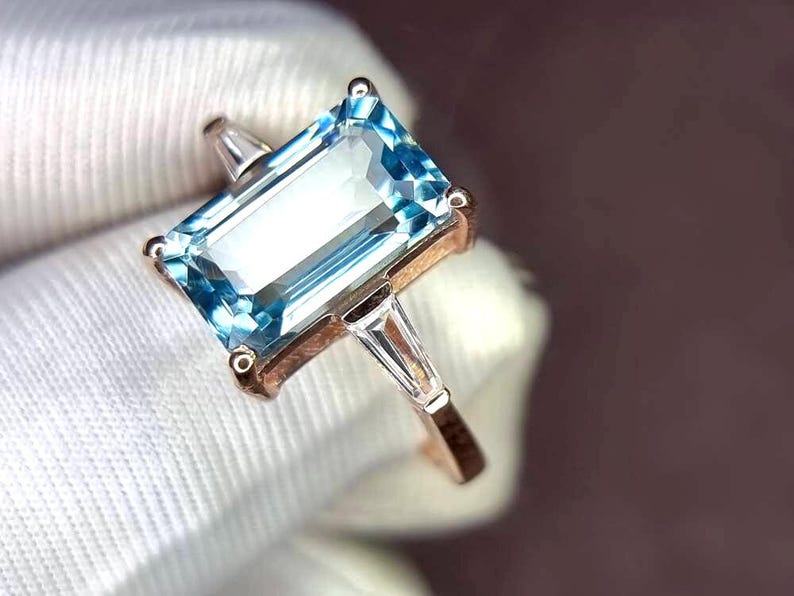 Aquamarine Ring, Elongated Emerald Cut Ring, 925 Sterling Silver, Engagement Ring, Vintage Ring, Unique Ring, Promise Ring, Statement Ring image 7