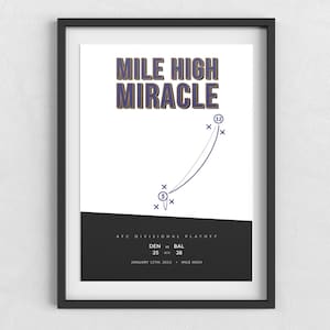 Può includere: Stampa artistica incorniciata con la scritta "MILE HIGH MIRACLE" in viola e oro. La stampa presenta un diagramma di gioco e i dettagli della partita: DEN contro BAL, punteggio 35-38, 12 gennaio 2013. L'opera è in una cornice nera.