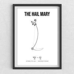 May include: Black and white illustration of a football play called "The Hail Mary" with the text "WSH vs CHI, October 27th, 2024, Northwest Stadium".