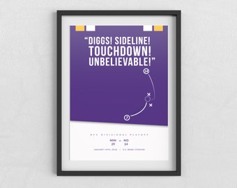 Può includere: Un poster viola e bianco con un diagramma di gioco di football americano e il testo "DIGGS! SIDELINE! TOUCHDOWN! UNBELIEVABLE!" Il poster include anche il testo "NFC DIVISIONAL PLAYOFF MIN 29 vs NO 24 JANUARY 14th, 2018 U.S. BANK STADIUM".