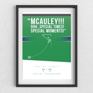 May include: A green and white illustrated poster with a football pitch and a curved arrow pointing to a goal. The text on the poster reads "MCAULEY!!! OHH..SPECIAL TIMES! SPECIAL MOMENTS!" and "EURO 2016 GROUP C NIR vs UKR 2 0 JUNE 14TH 2016 PARC OLYMPIQUE LYONNAIS".