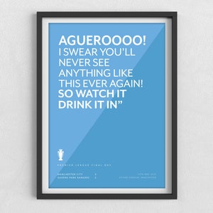 Manchester City | Sergio Aguero | Premier League | Sports Print | Birthday Gift