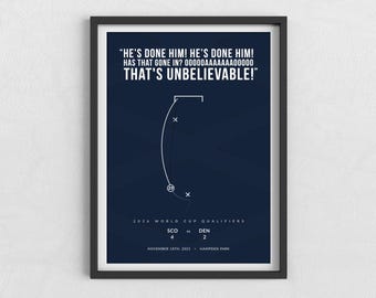 May include: Framed print with a navy blue background featuring white text and a diagram. The text reads "HE'S DONE HIM! HE'S DONE HIM! HAS THAT GONE IN? THAT'S UNBELIEVABLE!" with game details: SCO vs DEN, November 18th, 2025.
