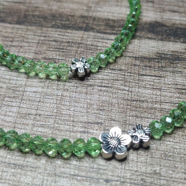 Kristallkette grün * SUMMERBREAZE, mit Armband, Blume, filigran, Rondelle, Sommerkette, 4mm