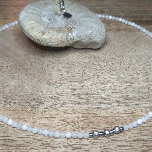 Mondstein Kette * silber, Collier, Perlen, Edelstahlperle, Rund