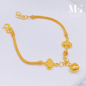 22k 916 Gold Triple Lovely Heart Kids Bracelet (With Bell)