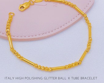 22K 916 Gold Italy High Polishing Glitter Ball x Tube Bracelet