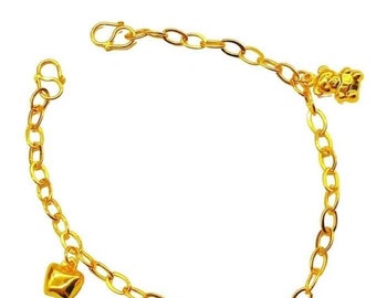 Tobillera ajustable para bebé en oro 916 de 22 quilates (con manzana colgante, osito de peluche y campana)