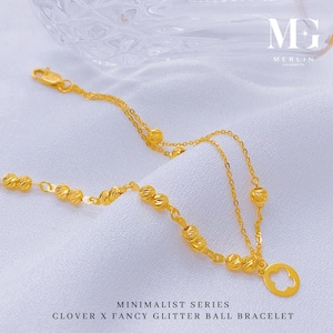 22k 916 Gold Minimalist Series Clover x Fancy Glitter Ball Bracelet