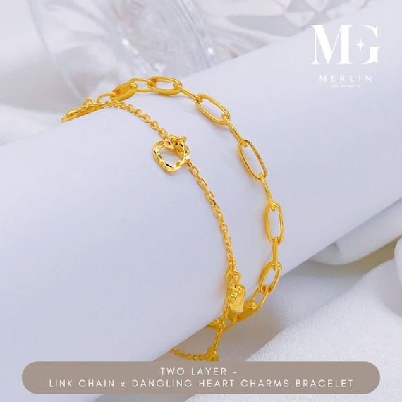 22k 916 Gold Two Layer - Link Chain X Dangling Heart Charms