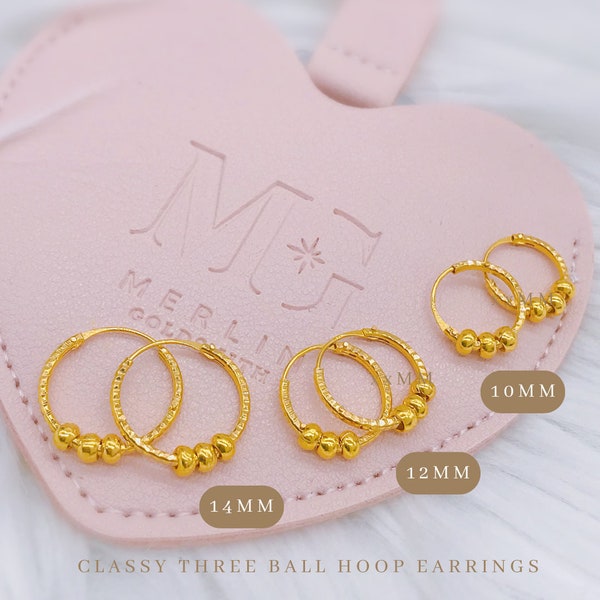 22k 916 Gold Classy Three Ball Hoop Earrings (10mm, 12mm, 14mm)