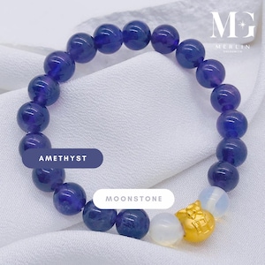 Portamonete Fortune "ONG" in oro puro 24k 999 abbinato a un bracciale con perle di ametista da 8 mm e pietra di luna da 8 mm