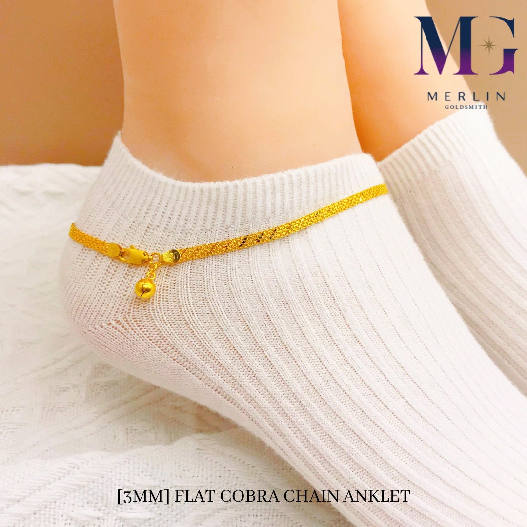 22k 916 Gold 3MM Flat Cobra Chain Anklet With Dangle Bell Etsy