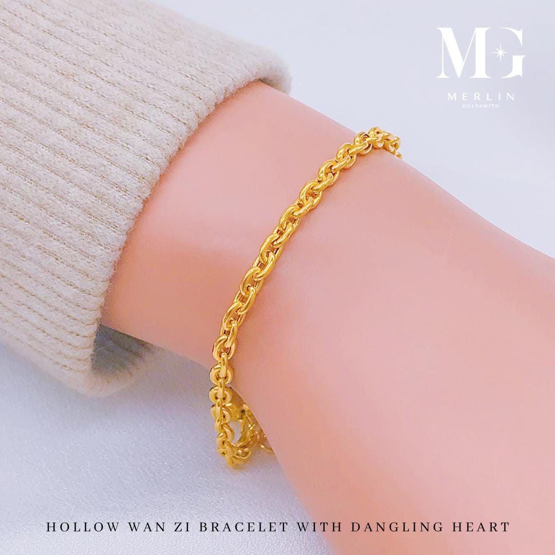 22k 916 Gold Hollow Wan Zi Bracelet With Dangling Heart - Etsy